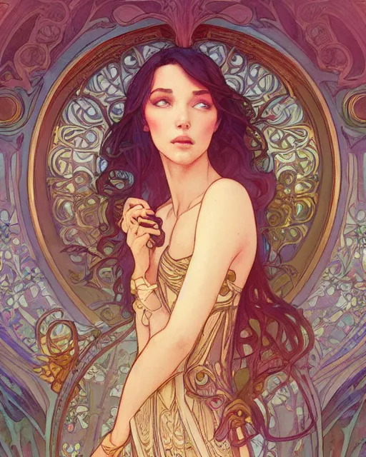 Image similar to secret romance, highly detailed,, art nouveau, gold filigree, romantic storybook fantasy, soft cinematic lighting, award, disney concept art watercolor illustration by mandy jurgens and alphonse mucha and alena aenami, pastel color palette, featured on artstation