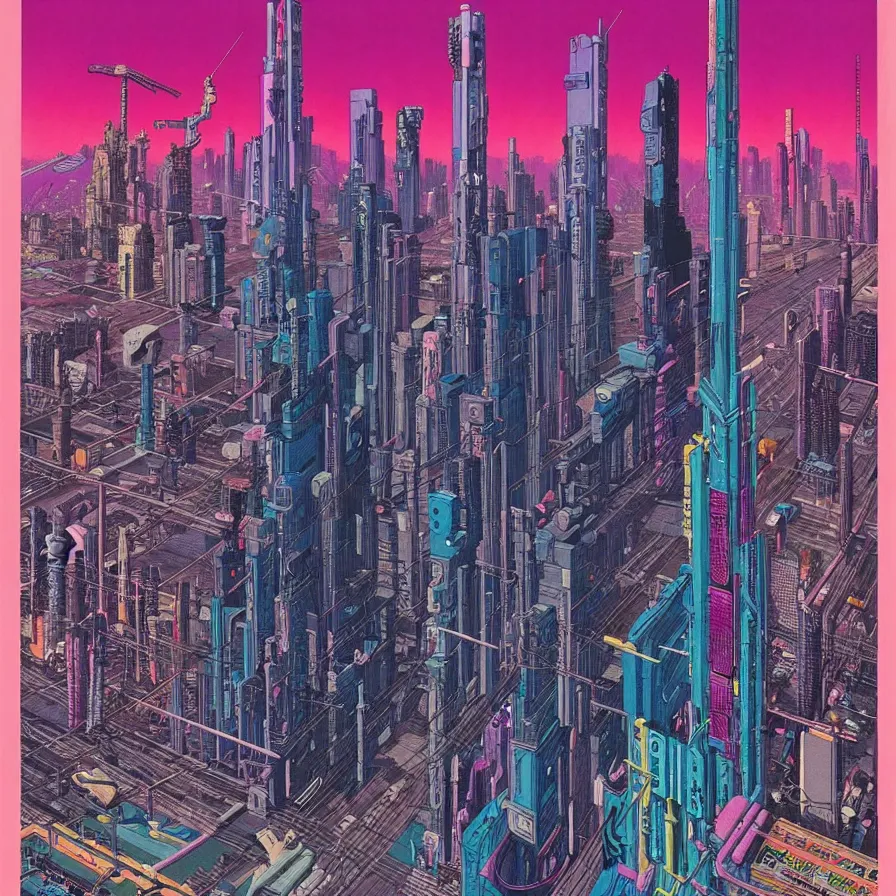 Image similar to ( ( ( ( cyberpunk city ) ) ) ) by mœbius!!!!!!!!!!!!!!!!!!!!!!!!!!!, overdetailed art, colorful, artistic record jacket design