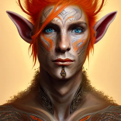 Prompt: portrait painting of an elven eladrin young man with short light orange hair and freckles and tribal tattoos on his cheekbones wearing fancy fur armor, sharp focus, award - winning, trending on artstation, masterpiece, highly detailed, intricate. art by merwild and ernesto irawan and rachel denton