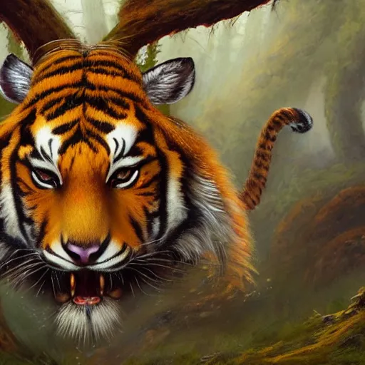Prompt: tiger - deer creature, oil painting by justin gerard