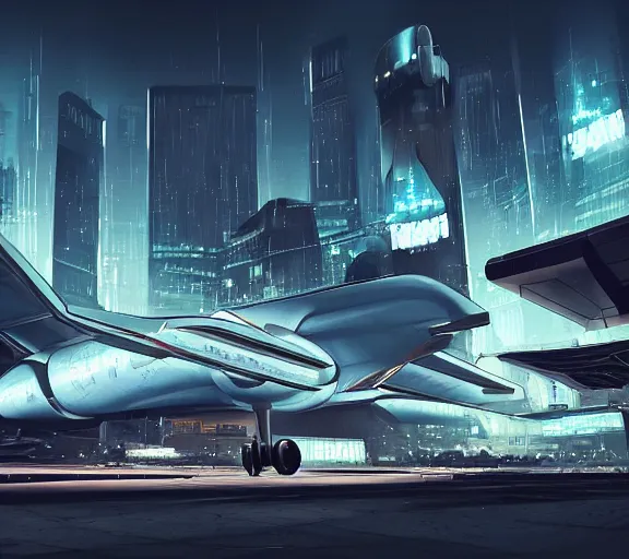 Image similar to futuristic sci fi plane lands at runway of cyberpunk city, night photo ,dark cinematic lighting , digital concept art