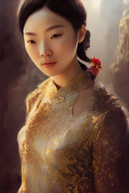 Image similar to chinese princess, gorgeous, close-up portrait, intricate, elegant, volumetric lighting, scenery, digital painting, highly detailed, artstation, sharp focus, illustration, concept art, ruan jia, steve mccurry