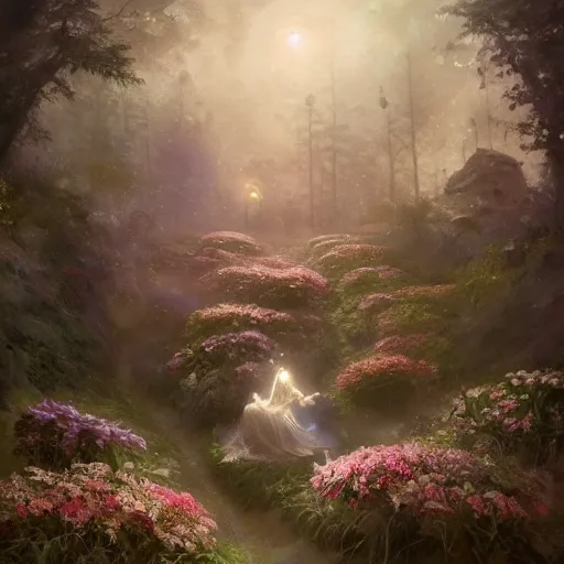 Image similar to silver fairies home madeup of flowers, magical world, by greg rutkowski, sung choi, photo realistic, 8 k, cinematic lighting, hd, atmospheric, hyperdetailed, trending on artstation, devainart, digital painting, glow effect