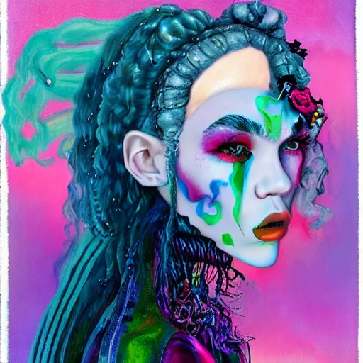 Image similar to grimes a. k. a. claire elise boucher painted by dali, dreamy, bright colors