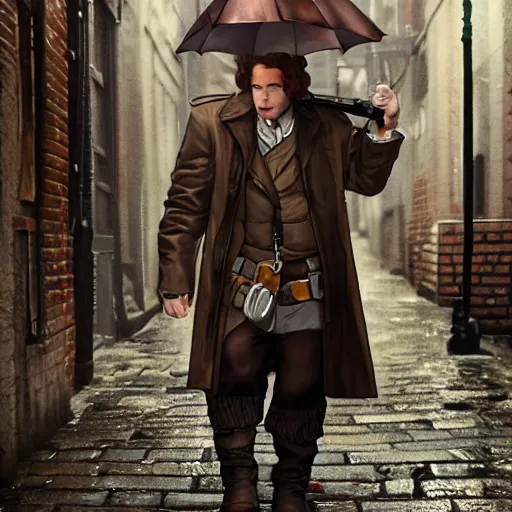 Image similar to brown haired halfling private investigator walking down a Victorian rainy alley in a trenchcoat , artstation, detailed, hyper realistic, 8k, digital art, cinematic