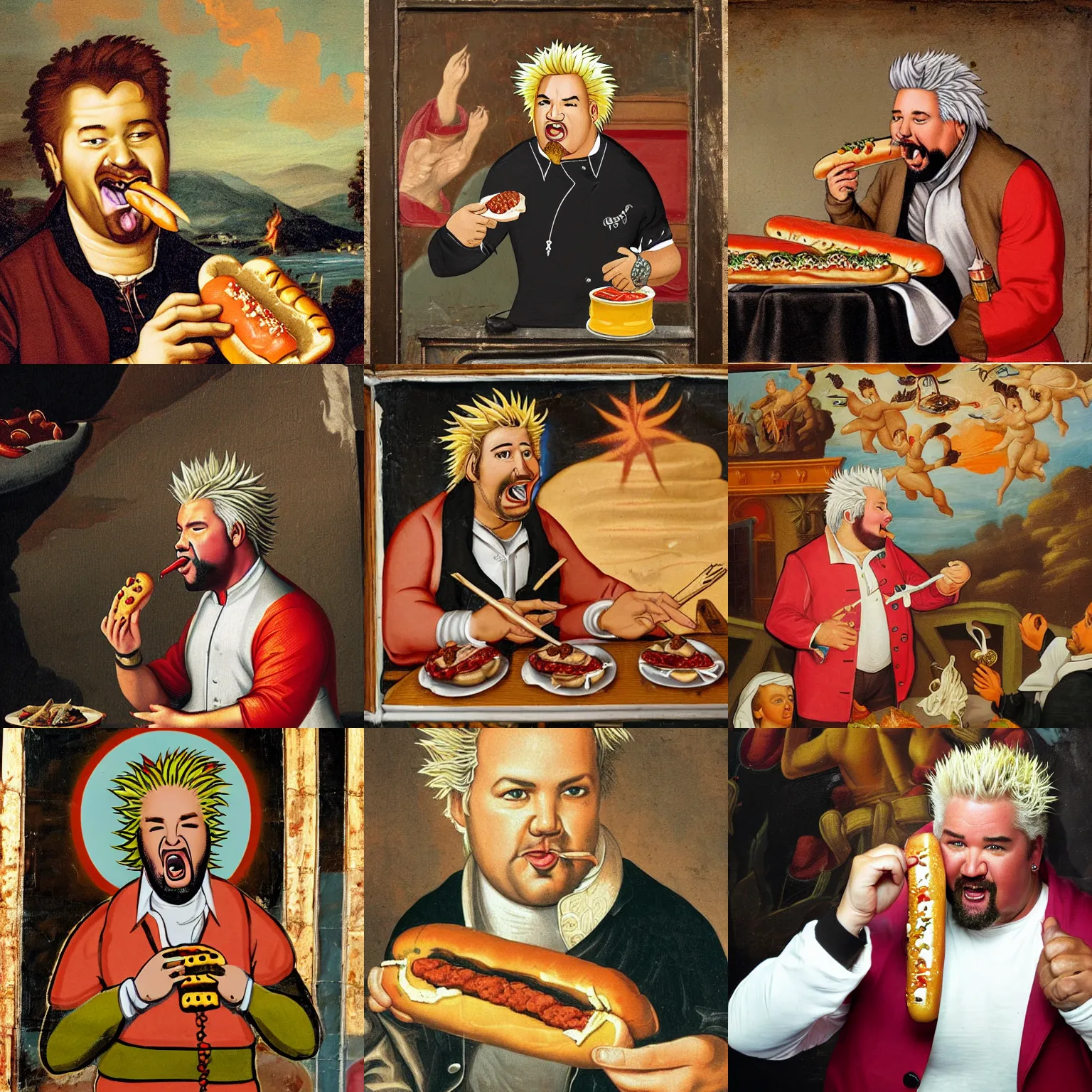Prompt: Guy Fieri eating a hotdog, 1700s religious mural, art
