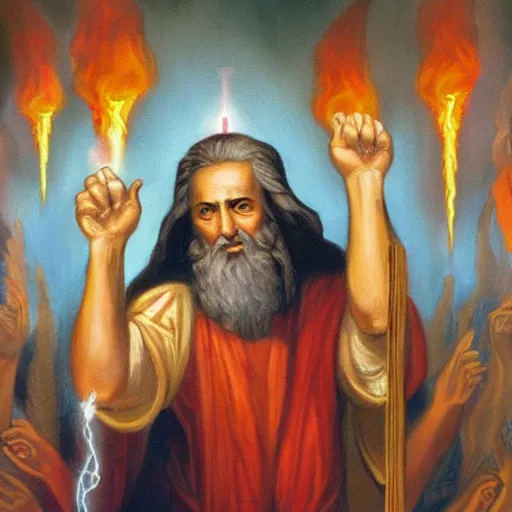 Image similar to A painting of Moses holding up the ten commandments with lightning, fire and pillars of smoke