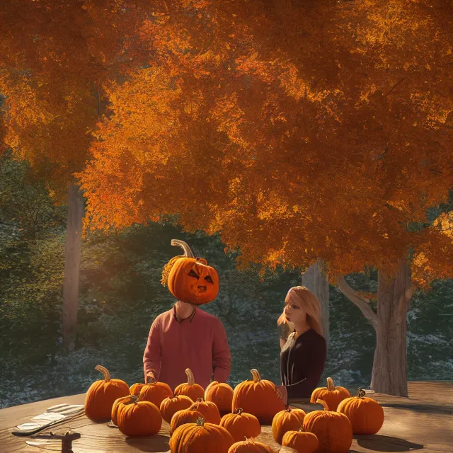 Prompt: pumpkin headed people ordering coffee at a coffee stand, maple trees with fall foliage, on a mountain, volumetric, realistic, cinematic lighting, ray tracing, unreal engine 5, octane render, hyper realistic, photo, 8 k