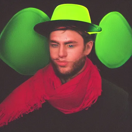 Image similar to man with neon green clothing, a scarf and a tophat sitting down in a black void,