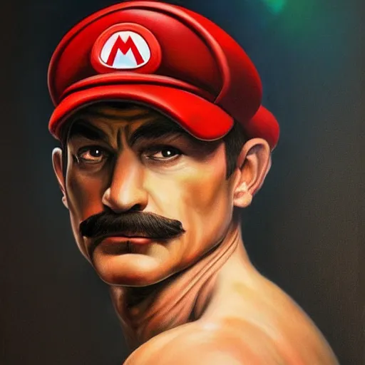 Image similar to An ultra realistic portrait painting of Mario wearing his cap in the style of Frank Frazetta, 4k, Ultrarealistic, Highly Detailed, Dark Fantasy, Epic Lighting