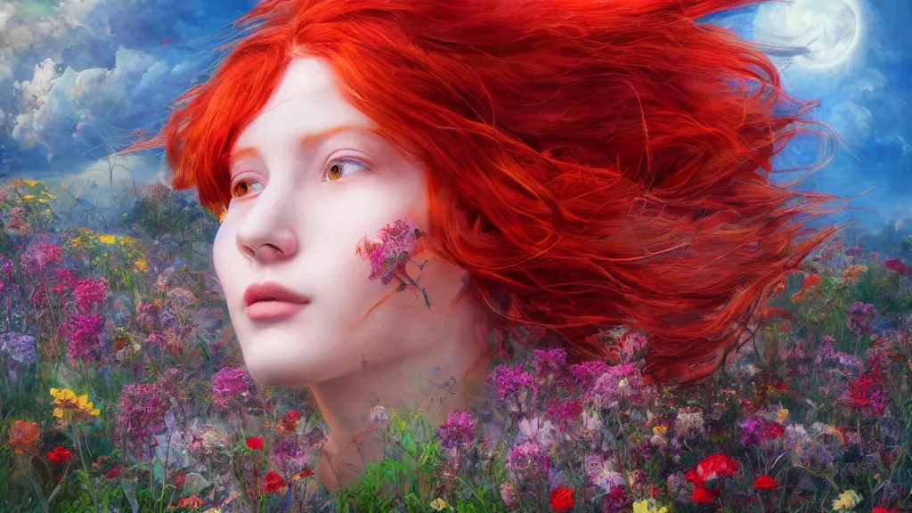 Image similar to a centered render of a red hair girl, shining its light across a tumultuous sea of flowers, by dorothea tanning, trending on artstation, cyber punk, high contrast, unreal engine, high detailed, 8 k