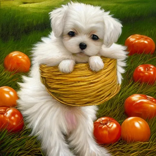 Prompt: masterful oil on canvas painting, eye - a cute happy white morkie puppy with a cornucopia full of tomatoes. in the background is idyllic grassy field. by lise deharme. golden hour, detailed, depth, volume, chiaroscuro, quiet intensity, vivid color palette.