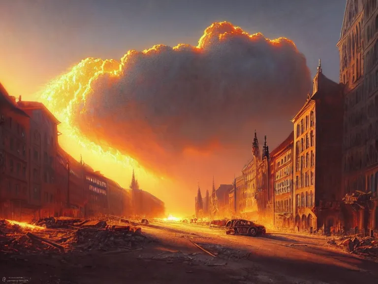 Image similar to , city of munich!!!, nuclear explosion!!!, nuclear strike!!!, rubble, hyperrealistic, highly detailed, cinematic, golden sunlight, beautiful, cgssociety, artstation, 8 k, oil painting by greg rutkowski, by artgerm, by wlop