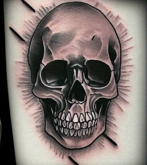 Image similar to a tattoo design with a creative skull, in the style of den yakovlev, hyper realistic, black and white, realism, highly detailed