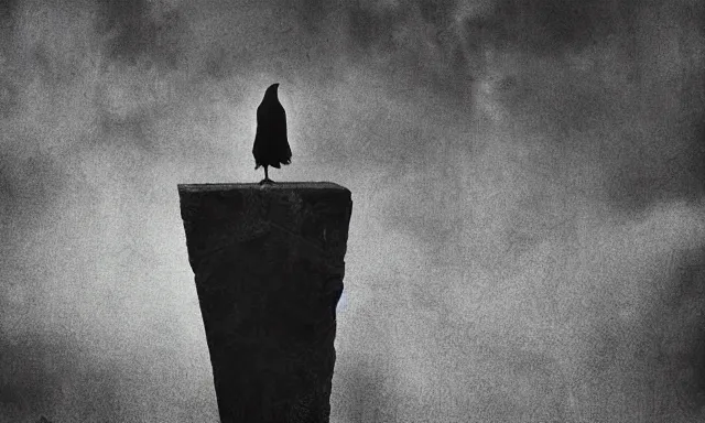 Image similar to raven standing on tombstone, midnight colors, photograph taken by giger and beksinski and death fog and decaying megacity