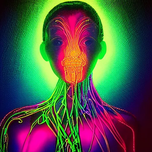 Prompt: portrait of girl having an orgasm eyes close, colorized neon lights, explosion of light, hyperealistic detailed photography polaroid, 5 0 mm lens, motion blur, grainy image, hexagonal mesh fine wire, sinuous fine roots, alexander mcqueen, art nouveau fashion embroidered, steampunk, mandelbrot fractal, visible nervous system
