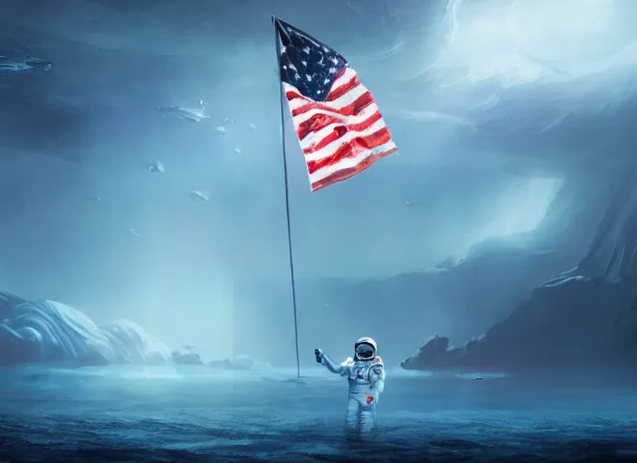 Image similar to astronaut holding a flag in an underwater desert. a submarine is visible in the distance. dark, concept art, cinematic, dramatic, atmospheric, 8 k, trending on artstation, blue, fish, low visibility, fog, ocean floor, christopher nolan, interstellar