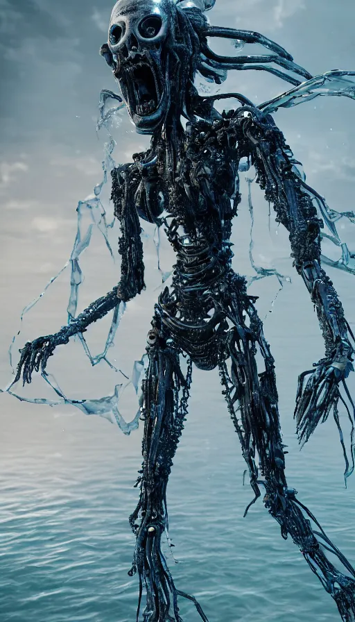 Image similar to a biomechanical sea witch emerging from the ocean, made up of bits of black metal and plastic, shiny, wet, made of nanofibres, metallic, cyberpunk, post apocalyptic, hyper realistic, epic, beautiful composition, octane render, unreal engine render, 8k, super detailed, SLICK!!