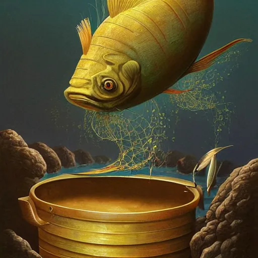 Prompt: a worried fish on the top of a pile of fish, all the fish are inside a cooking pot on the fire, side view, by vladimir kush, dystopian art, rococo