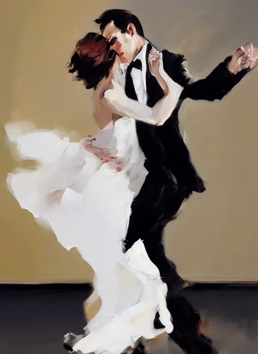 Image similar to tango dancerin in white dress, painting by phil hale, fransico goya,'action lines '!!!, graphic style, visible brushstrokes, motion blur, blurry, visible paint texture, crisp hd image