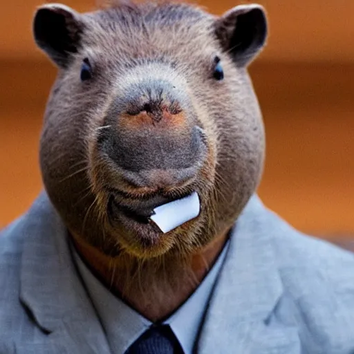 Image similar to capybara head, a man wearing a suit capybara head (smoking cigar)