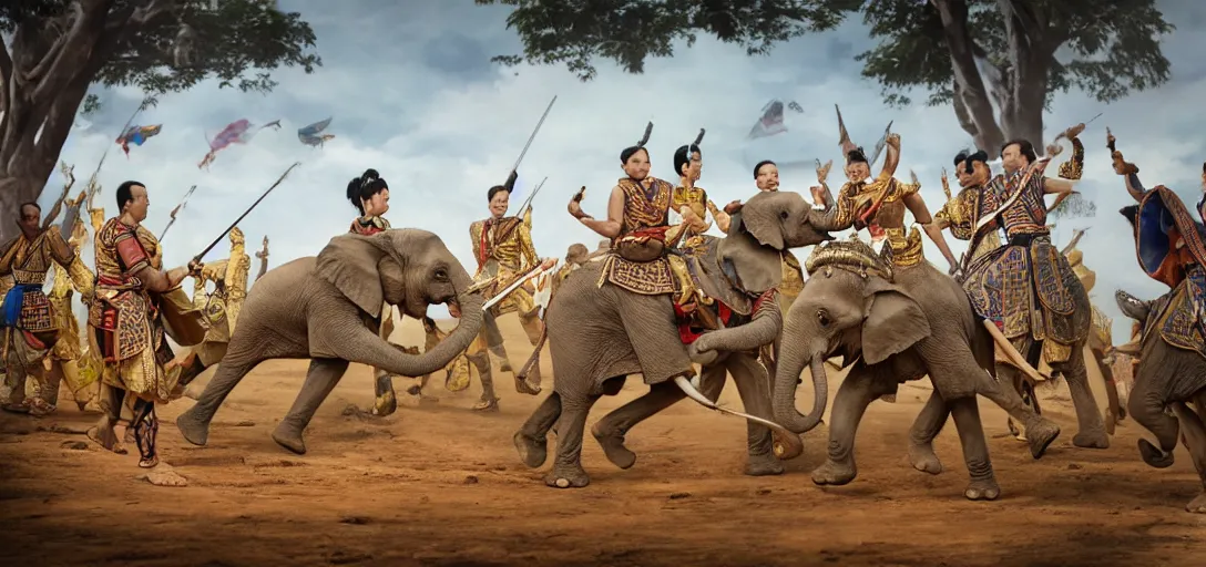 Prompt: the elephant battle, elephant duel scene, king naresuan of ayutthaya versus crown prince mingyi swa of burma in burmese - siamese war ( 1 5 4 7 - 1 5 4 9 ), high resolution, highly detailed, 8 k, cinematic lighting, global illumination, elegant, ornate, super detail, a colorized photo, colorized, # film, movie still
