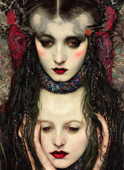 Prompt: close up portrait of a beautiful gothic woman with long dark hair and black lipstick, wearing a scarf with colourful intricate psychodelic patterns, by edgar maxence and caravaggio and michael whelan and delacroix style, artistic, intricate drawing, light brazen, realistic fantasy, extremely detailed and beautiful aesthetic face, establishing shot, 8 k resolution, dramatic lighting