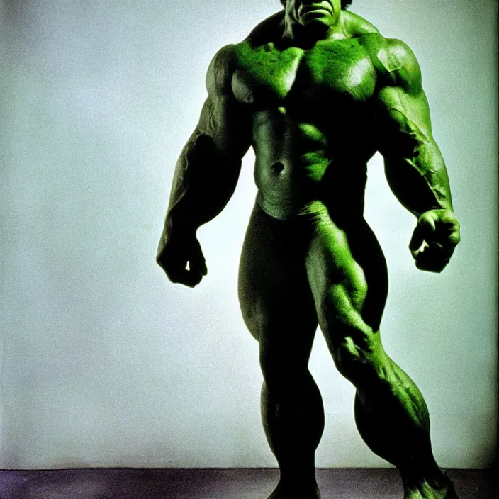 Image similar to a color photo portrait of the incredible hulk in new york city by richard avedon dramatic lighting.