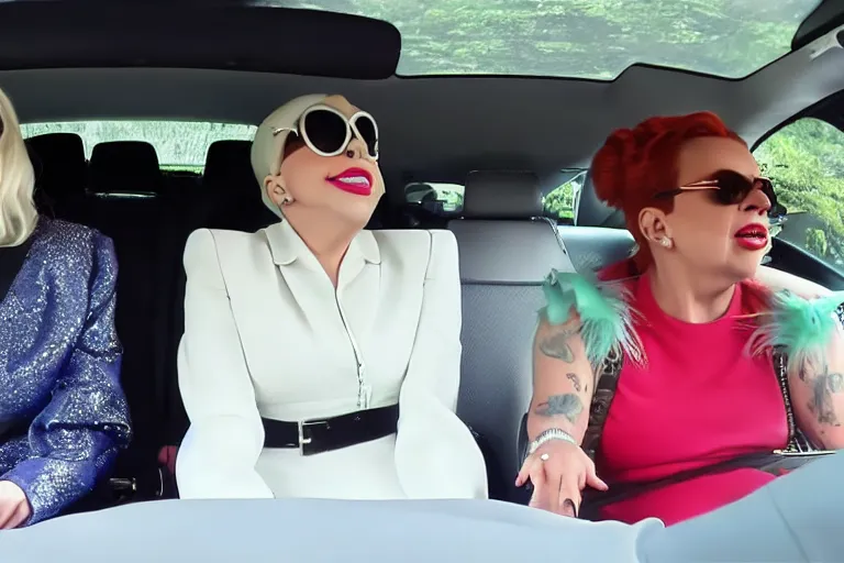 Image similar to lady gaga and judy garland carpool karaoke, highly realistic, highly detailed, high resolution, 8 k 4 k,