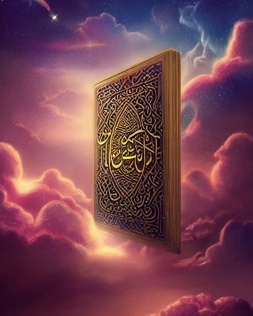 Prompt: the quran descending from the galaxy into clouds highly detailed, gold filigree, romantic storybook fantasy, soft cinematic lighting, award, pastel color palette, featured on artstation, digital art