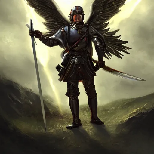 Prompt: an archangel soldier holds a white sword above his head and points it towards the sky. The sword channels a beacon of light energy down from the clouds which refracts into many shards of light on the tip of his sword, medieval battlefield, artstation, 8k, incredibly detailed art