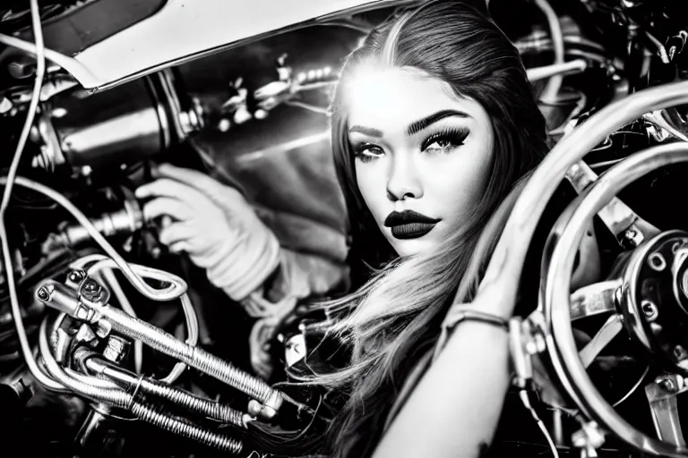 Prompt: a highly detailed, beautiful photo of a madison beer as a 1 9 7 0 s race car mechanic, working on a formula one car, symmetrical face, beautiful eyes, cobalt blue hair and red lipstick, realistic, 8 k, award winning photo, motor sport photography,, back lit lighting,