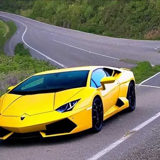 Image similar to Lamborghini driving on highway with three banana peels following directly behind it