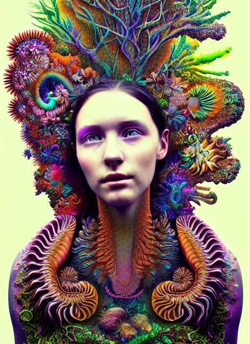 Prompt: ridiculously beautiful young woman tripping, psychedelics, forest creatures, in the style of ernst haeckel, effervescent, warm, hyperrealism, photo realistic, epic and cinematic,
