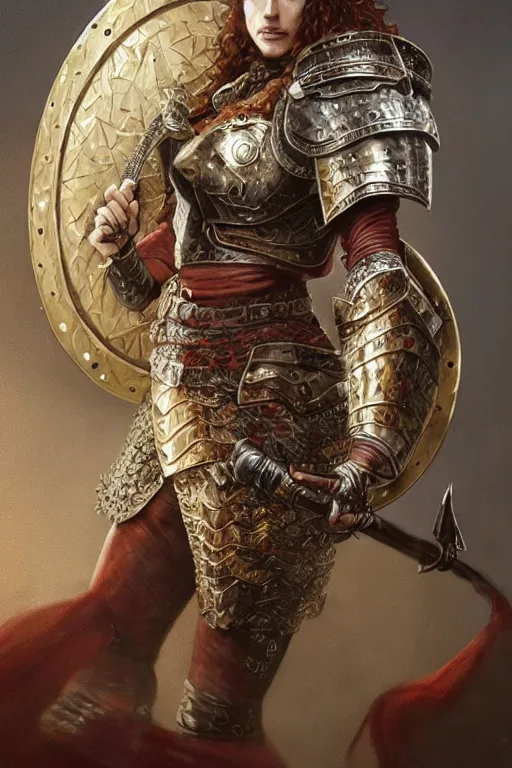 Image similar to full body portrait of a rugged female warrior short length red curly hair and a very highly detailed face wearing elegant obsidian, sliver and gold plate mail armor intricately painted, holding a circular shield and an ancient long sword, very highly detailed, artstation, cgsociety, realistic character concept art, sharp focus, by greg rutkowski, artgerm, and alphonse mucha