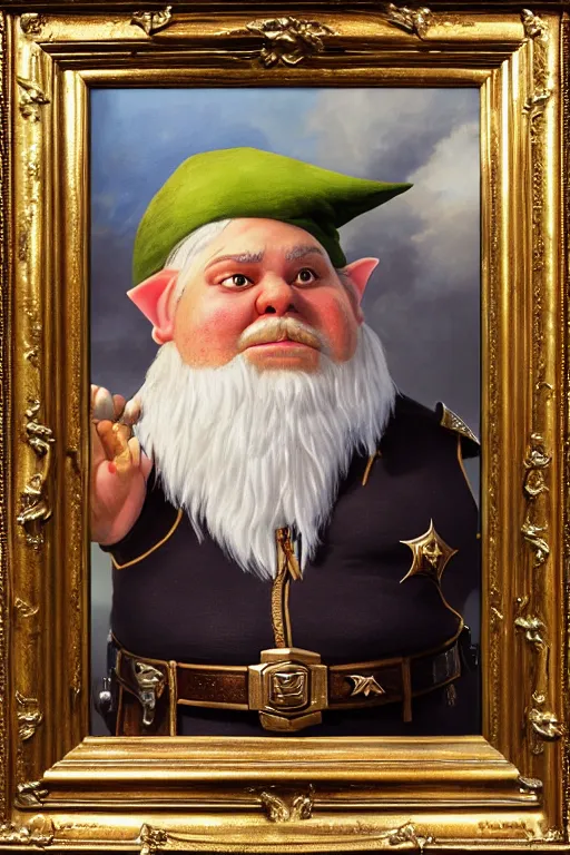 Image similar to high fantasy elf mall cop with a sheriff's badge that is fat, shifty, and incompetent, portrait from the chest up, Oil Painting, hyper realistic, dutch golden age, 3/4, bust 8k UHD scan