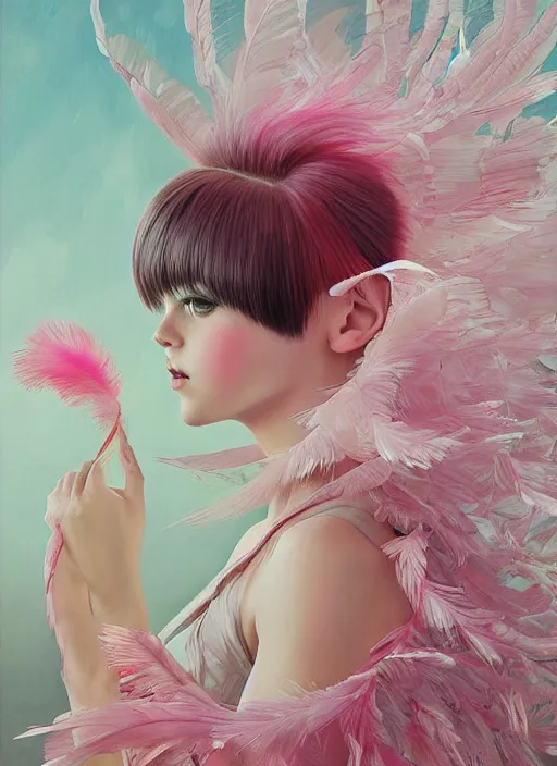 Prompt: beautiful little girl with an pink eccentric haircut wearing an dress made of feathers dancing on stage, artwork made by ilya kuvshinov, inspired in donato giancola, hd, ultra realistic, reflection, flowers, light, realistic face, bird, trending on pixiv