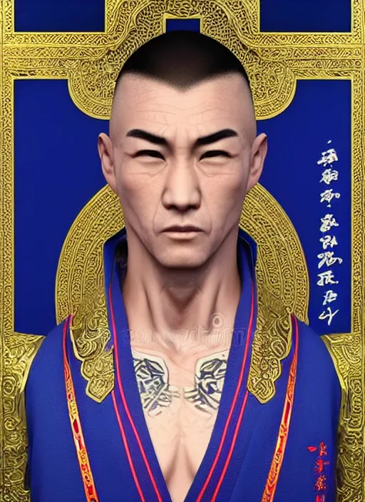 Image similar to male martial artist with a mostly shaved head and a high ponytail!!! asian facial features and blue eyes!! intricate ornate blue robes!! character concept art, sharp focus, octane render! unreal engine 5! highly rendered!! trending on artstation!! detailed linework!! illustration by artgerm, wlop, and chie yoshii