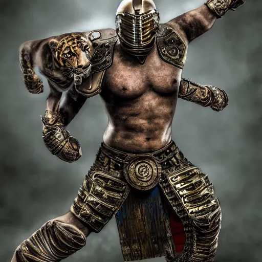 Prompt: warrior with jaguar armour, highly detailed, 4k, HDR, smooth, sharp focus, hyper realistic, high resolution