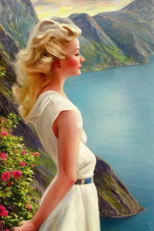 Image similar to 1950s beautiful!!! blonde looking over a Norwegian fjord, aesthetic!!! painting by Vladimir Volegov