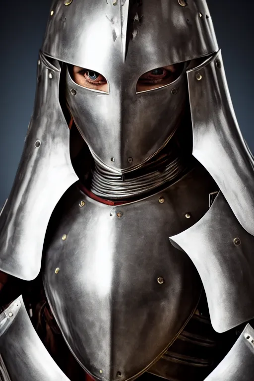 Image similar to medieval female knight, blonde hairs, no helmet, symmetrical, cinematic, elegant, demonic atmosphere, professional studio light, real dlsr photography, sharp focus, armor made by hans giger, 4 k, ultra hd, sense of awe