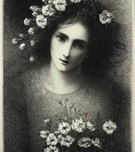 Image similar to black and white, extreme close-up, dark light, woman face in flowers, Gustave Dore lithography