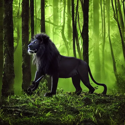 Prompt: professional wildlife photograph of a black lion standing in dark jungle, surrounded by surreal trees, cinematic lighting, staring eyes, apex predator, natgeo, 3 5 mm lens