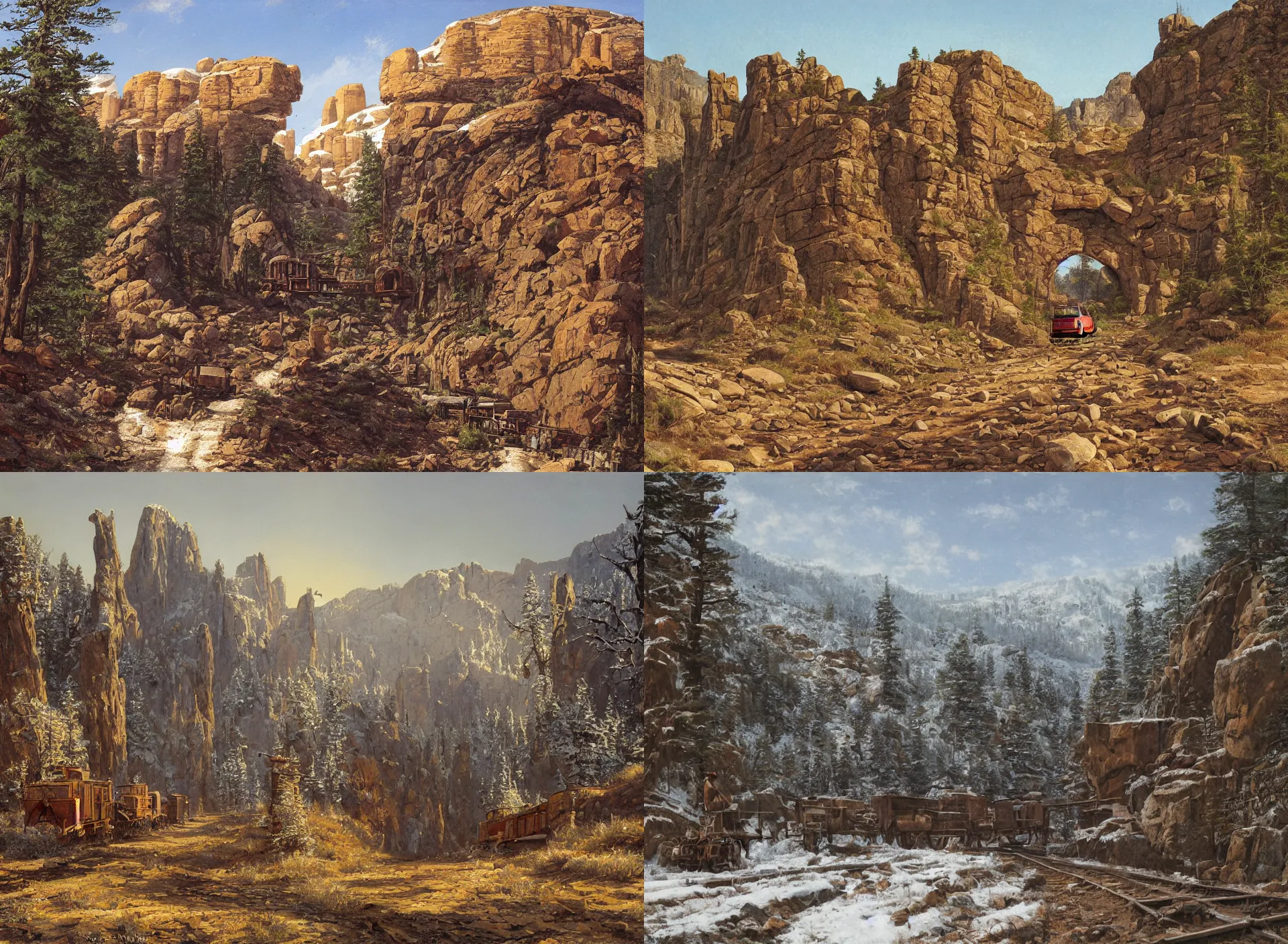 Image similar to entrance to wild west mine, rail tracks lead from the mine, a mine cart sits on the tracks, mine cart, sheer cliffs surround the scene, high elevation, sparse pine forest, dusting of snow, rock arches, long shadows, golden hour, wide angle, oil painting, albert bierdstadt