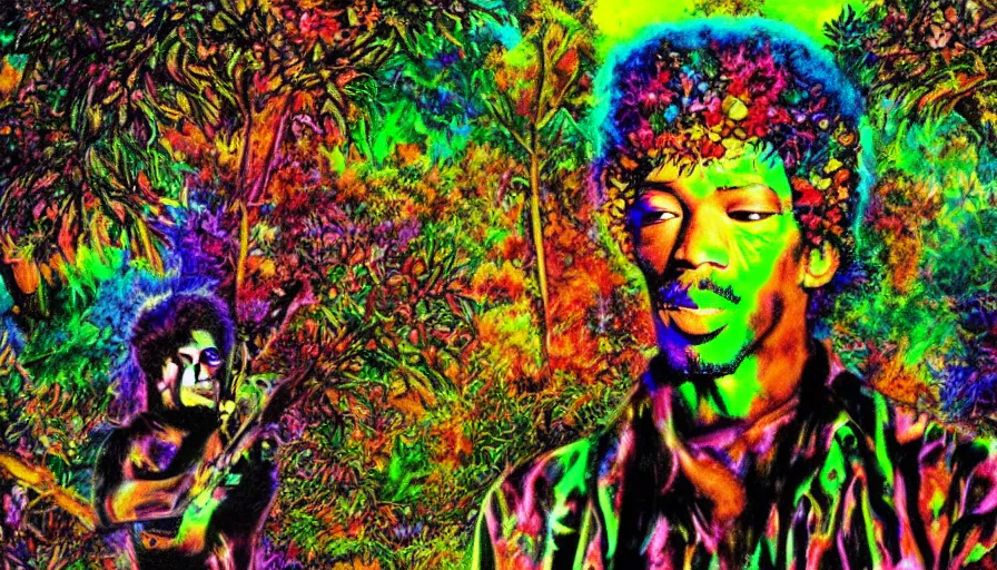 Prompt: landscape Jimy Hendrix in psychrdelic dmt lsd forest, photorealistic, artgerm, artwork by Arian, Mark