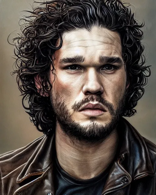 Image similar to portrait of kit harrington, gritty, dark, wearing a undone leather jacket, bare-chested, very detailed eyes, hyperrealistic, very detailed painting by Glenn Fabry, by Joao Ruas, by Artgerm, mfs shot