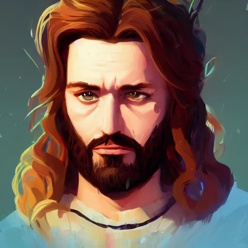 Image similar to portrait of jesus christ dressed in hanoi rocks style, mattepainting concept blizzard pixar maya engine on stylized background splash comics global illumination lighting artstation lois van baarle, ilya kuvshinov, rossdraws