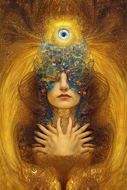 Prompt: The Heart of Gold by Karol Bak, Jean Deville, Gustav Klimt, and Vincent Van Gogh, otherworldly, fractal structures, arcane, prophecy, ornate gilded medieval icon, third eye, spirals