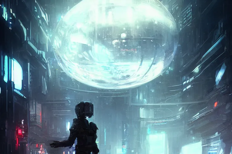 Prompt: portrait sci-fi art by Greg Rutkowski and Ruan Jia and artgerm, a glowing alien bubble floating above the hand of a soldier, futuristic environment, detailed and intricate environment, biomech, cyberpunk, neon color, chrome, dramatic lighting, cinematic, high technology, highly detailed portrait, digital painting, artstation, concept art, smooth, sharp focus, ilustration, Artstation HQ