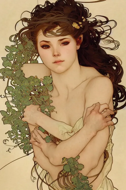 Image similar to realistic detailed portrait of a very beautiful ninja girl by alphonse mucha, charlie bowater, flowing wires with leaves, artgerm